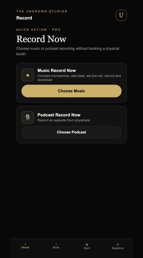 Unknown Studios Record Now mobile app screen